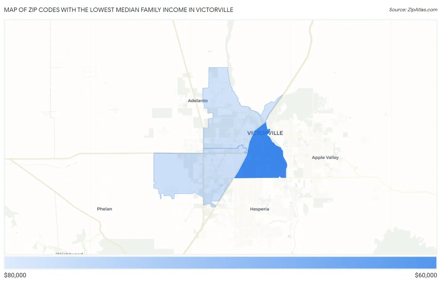 Zip Codes with the Lowest Median Family Income in Victorville Map