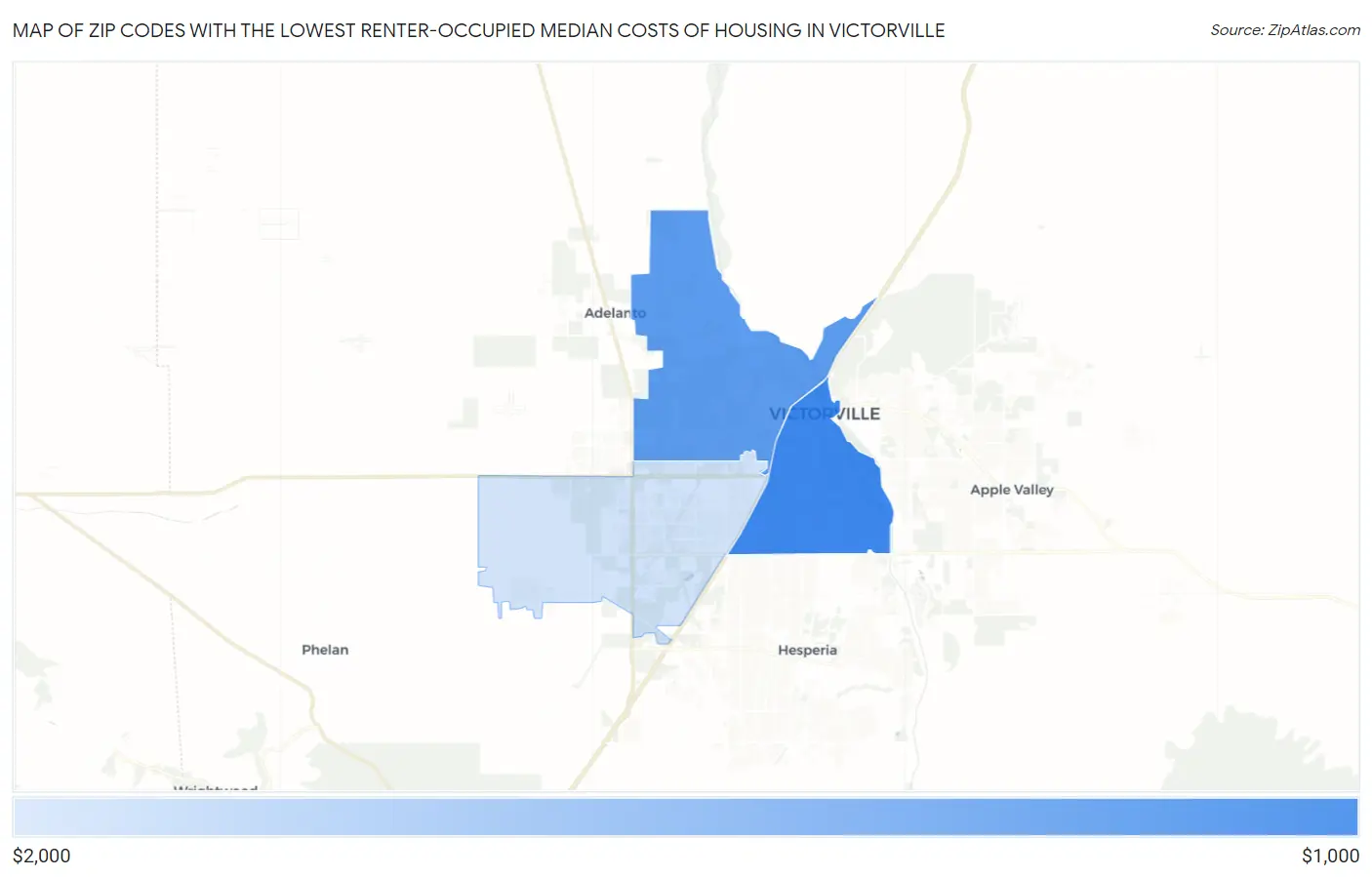 Zip Codes with the Lowest Renter-Occupied Median Costs of Housing in Victorville Map