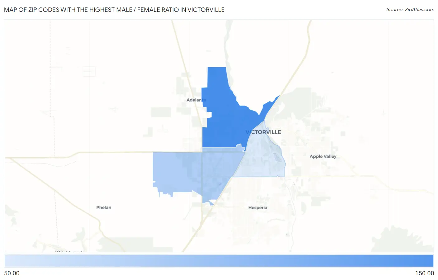 Zip Codes with the Highest Male / Female Ratio in Victorville Map