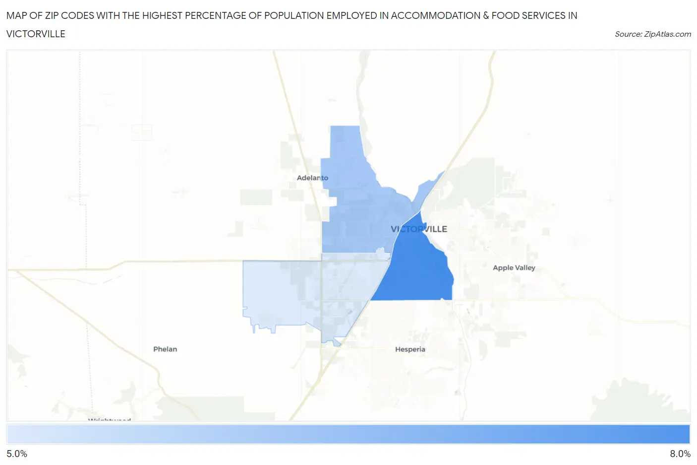 Zip Codes with the Highest Percentage of Population Employed in Accommodation & Food Services in Victorville Map