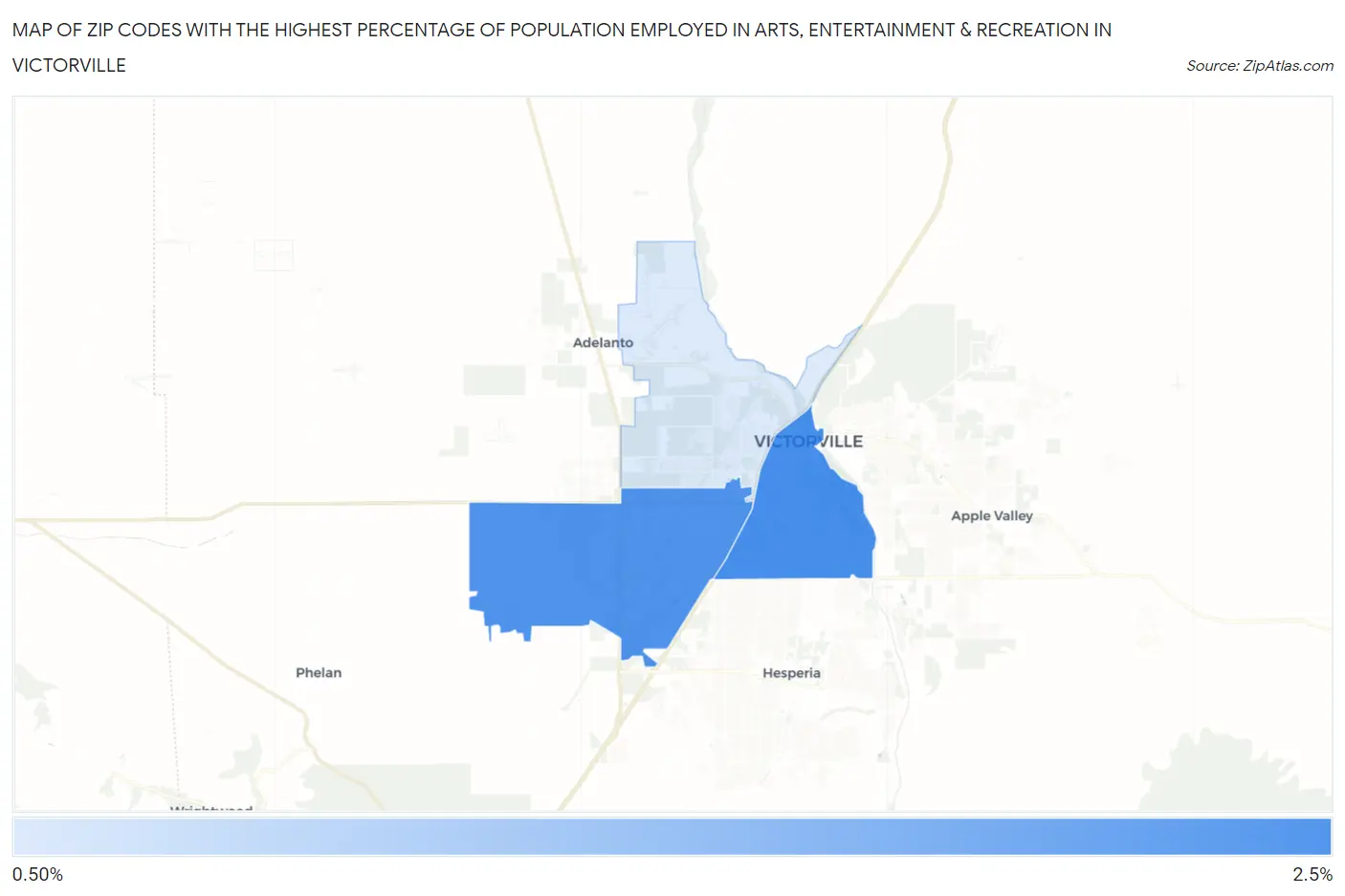 Zip Codes with the Highest Percentage of Population Employed in Arts, Entertainment & Recreation in Victorville Map