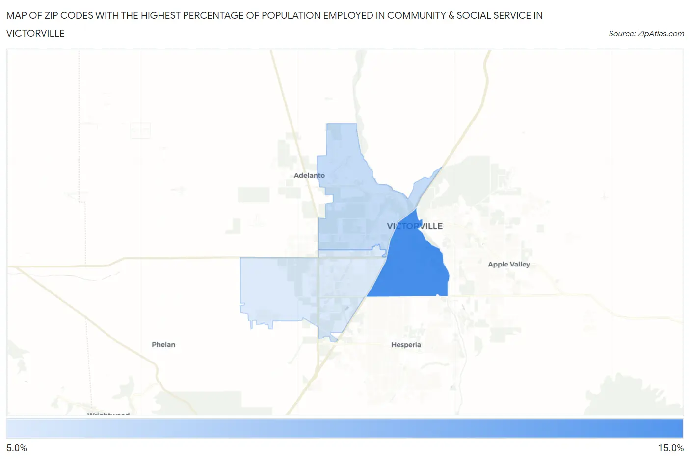 Zip Codes with the Highest Percentage of Population Employed in Community & Social Service  in Victorville Map