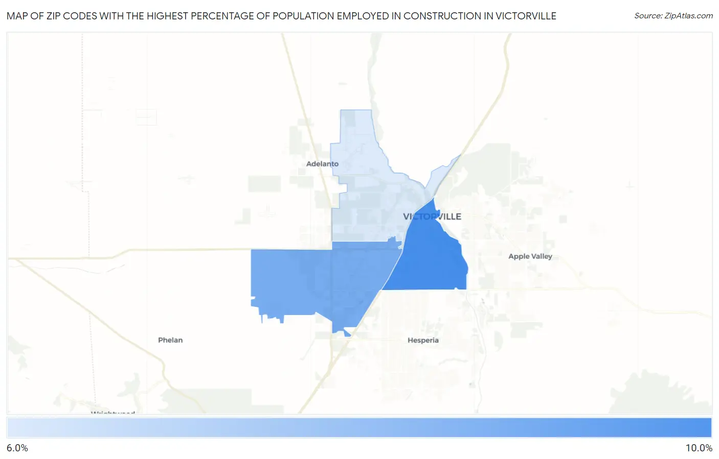 Zip Codes with the Highest Percentage of Population Employed in Construction in Victorville Map