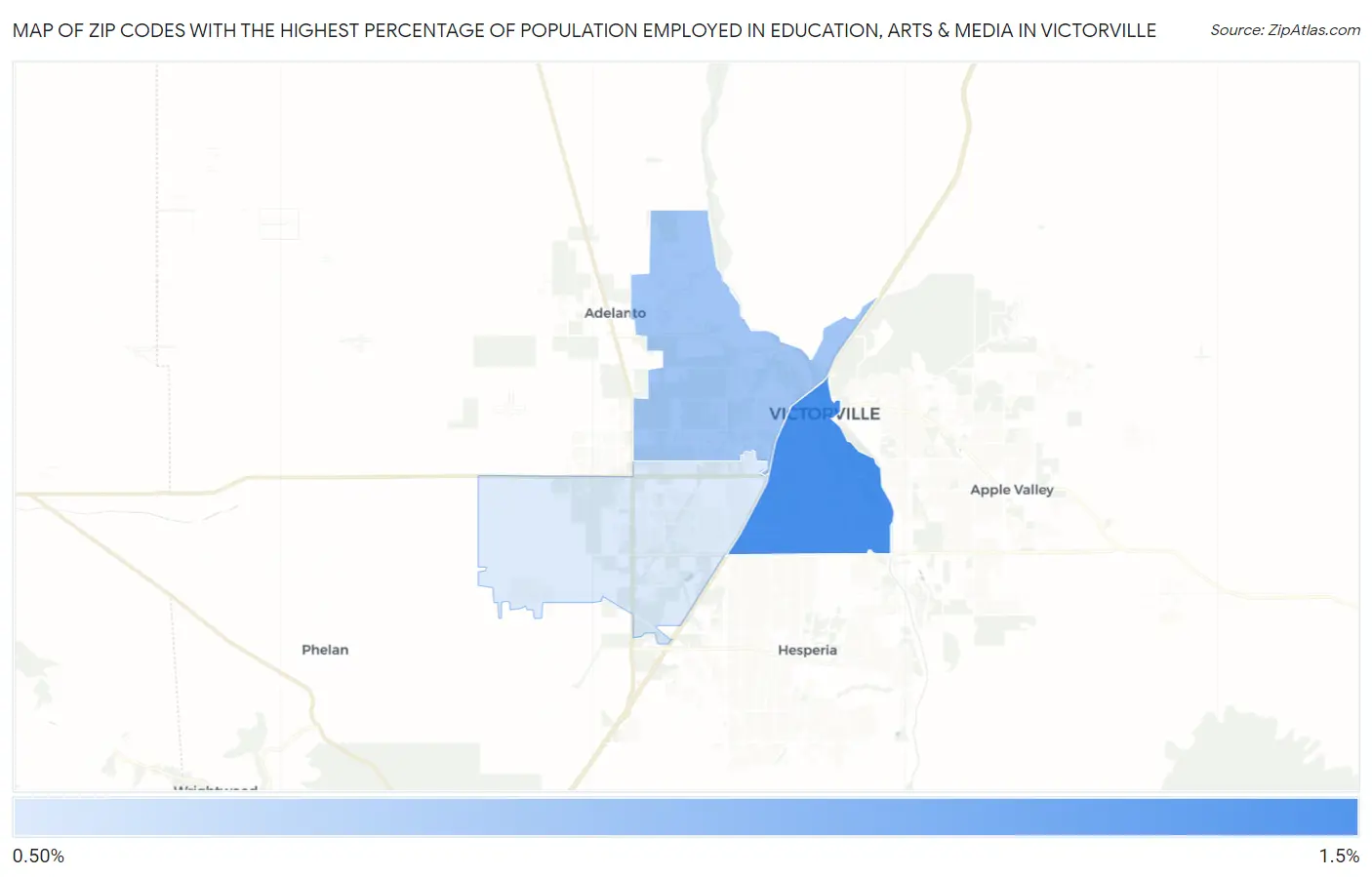 Zip Codes with the Highest Percentage of Population Employed in Education, Arts & Media in Victorville Map