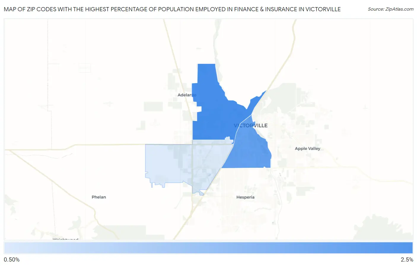 Zip Codes with the Highest Percentage of Population Employed in Finance & Insurance in Victorville Map