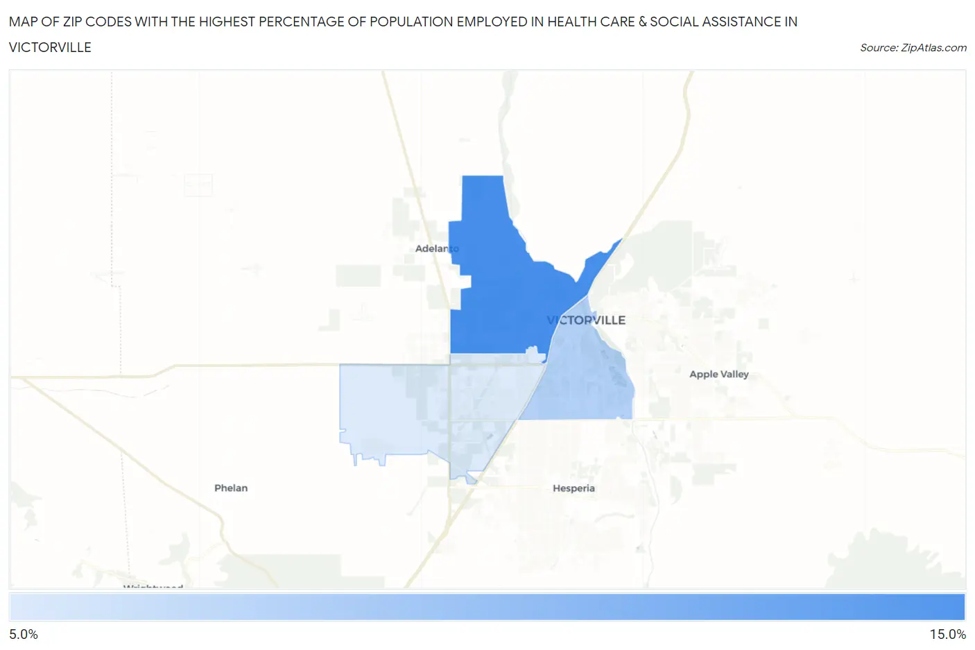 Zip Codes with the Highest Percentage of Population Employed in Health Care & Social Assistance in Victorville Map