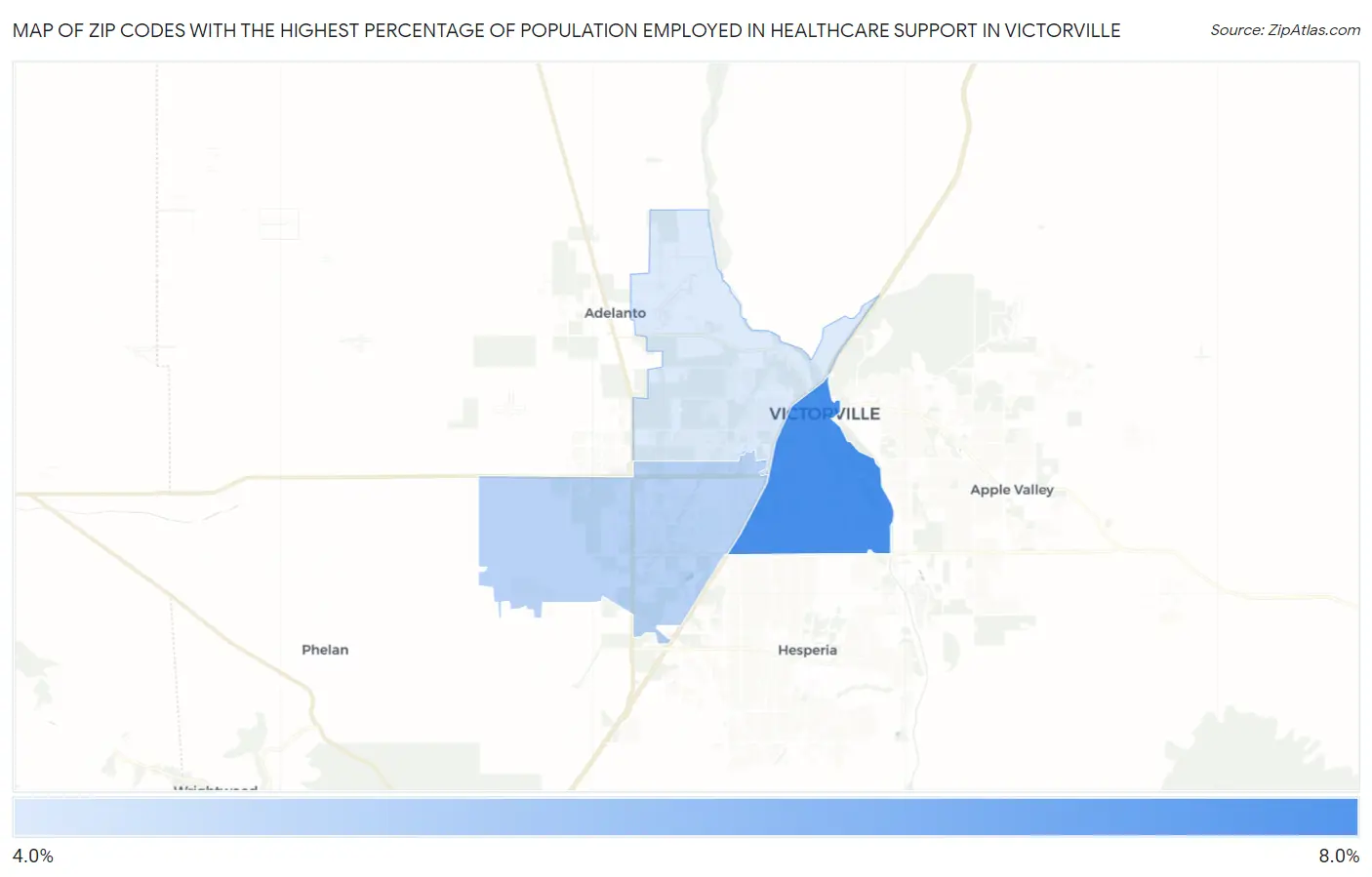 Zip Codes with the Highest Percentage of Population Employed in Healthcare Support in Victorville Map