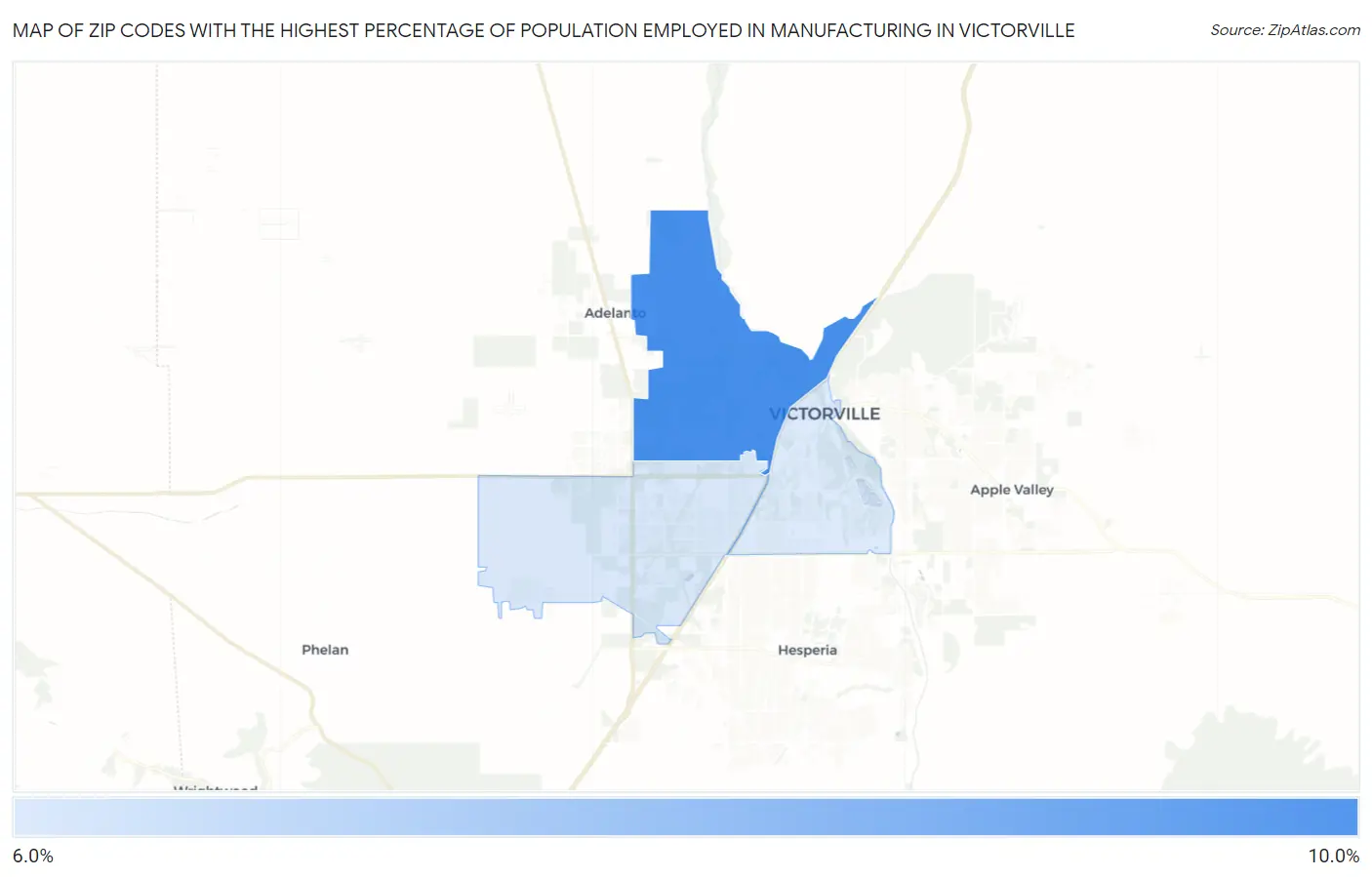 Zip Codes with the Highest Percentage of Population Employed in Manufacturing in Victorville Map
