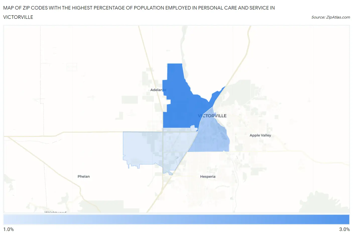 Zip Codes with the Highest Percentage of Population Employed in Personal Care and Service in Victorville Map