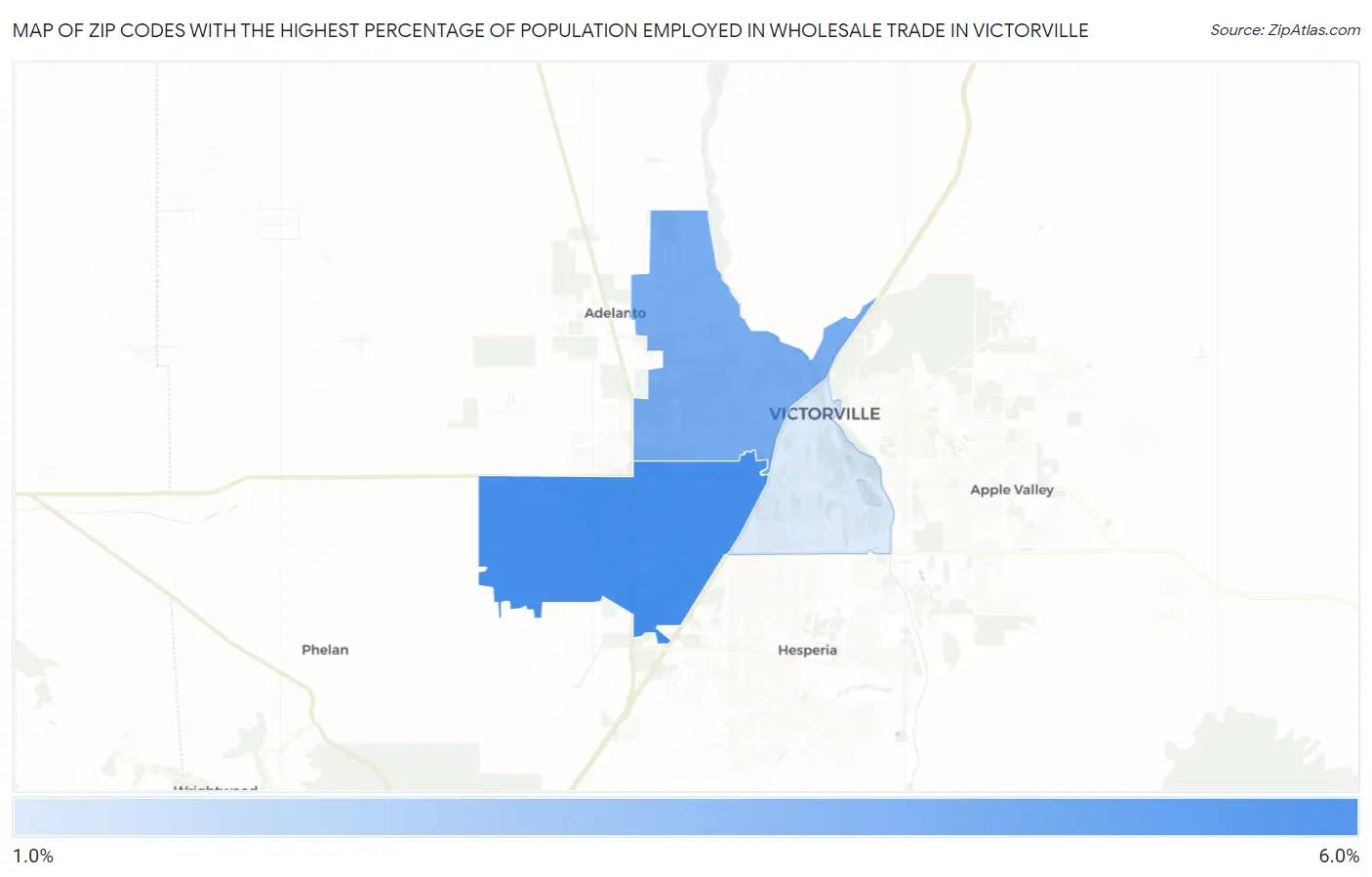 Zip Codes with the Highest Percentage of Population Employed in Wholesale Trade in Victorville Map