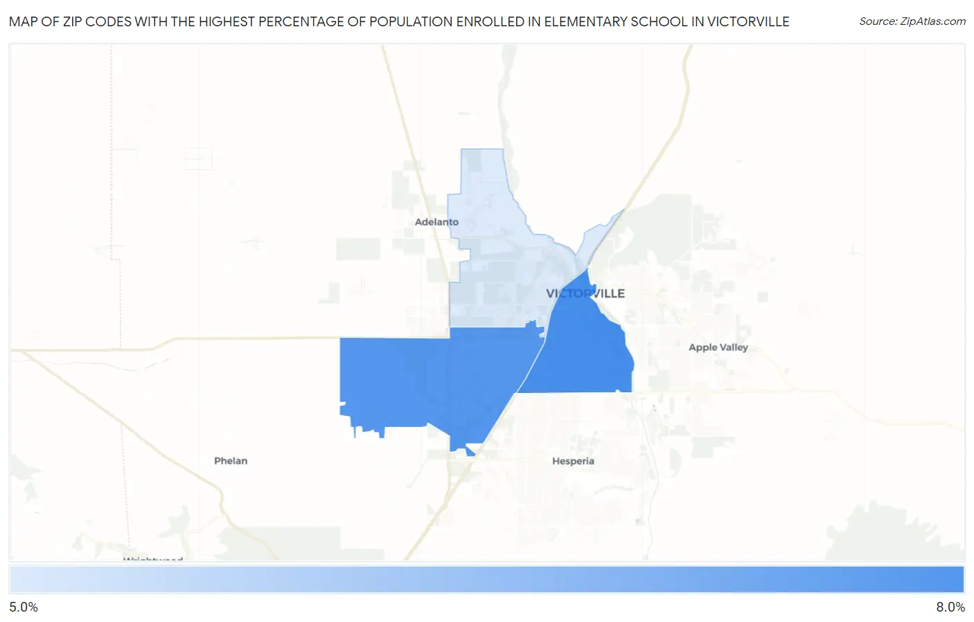 Zip Codes with the Highest Percentage of Population Enrolled in Elementary School in Victorville Map