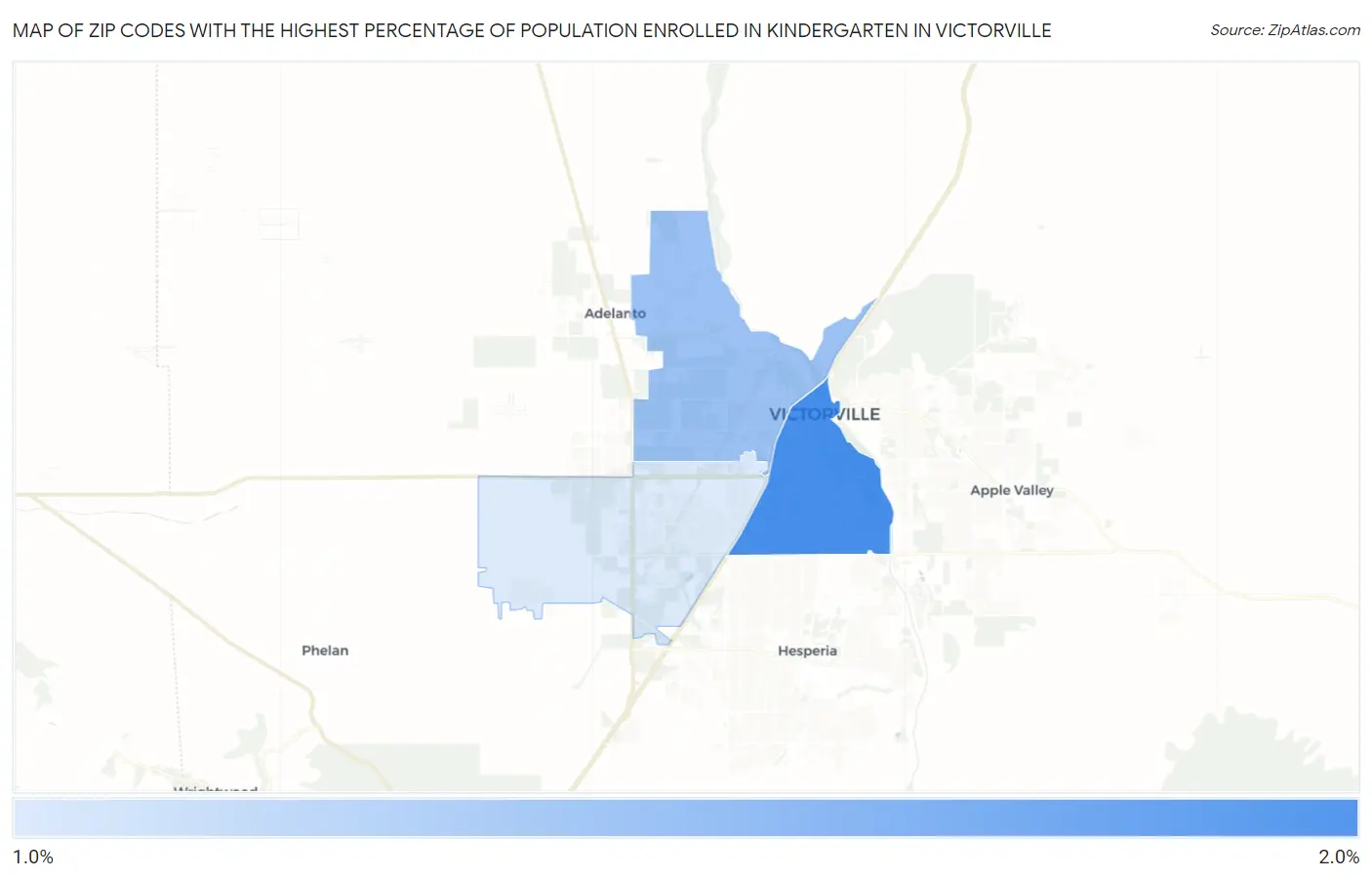 Zip Codes with the Highest Percentage of Population Enrolled in Kindergarten in Victorville Map