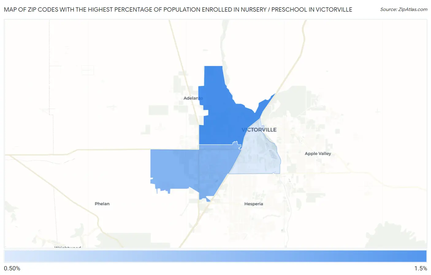 Zip Codes with the Highest Percentage of Population Enrolled in Nursery / Preschool in Victorville Map