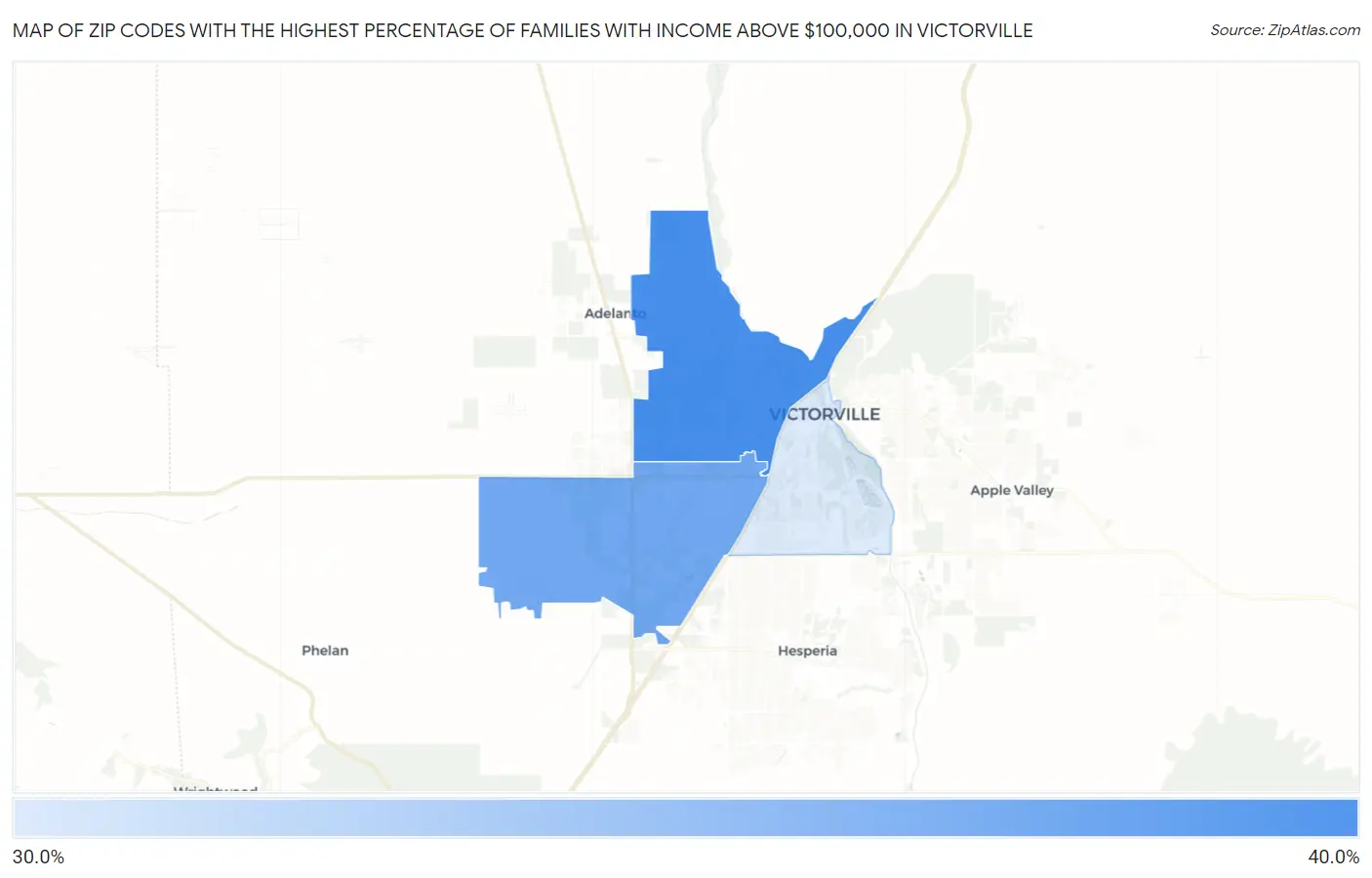 Zip Codes with the Highest Percentage of Families with Income Above $100,000 in Victorville Map