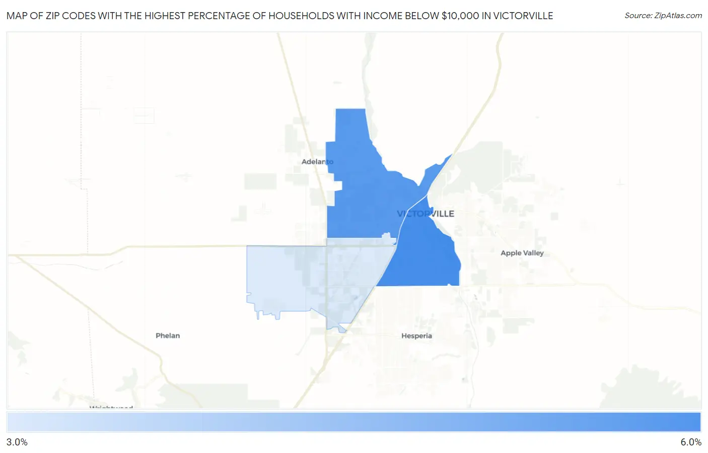 Zip Codes with the Highest Percentage of Households with Income Below $10,000 in Victorville Map