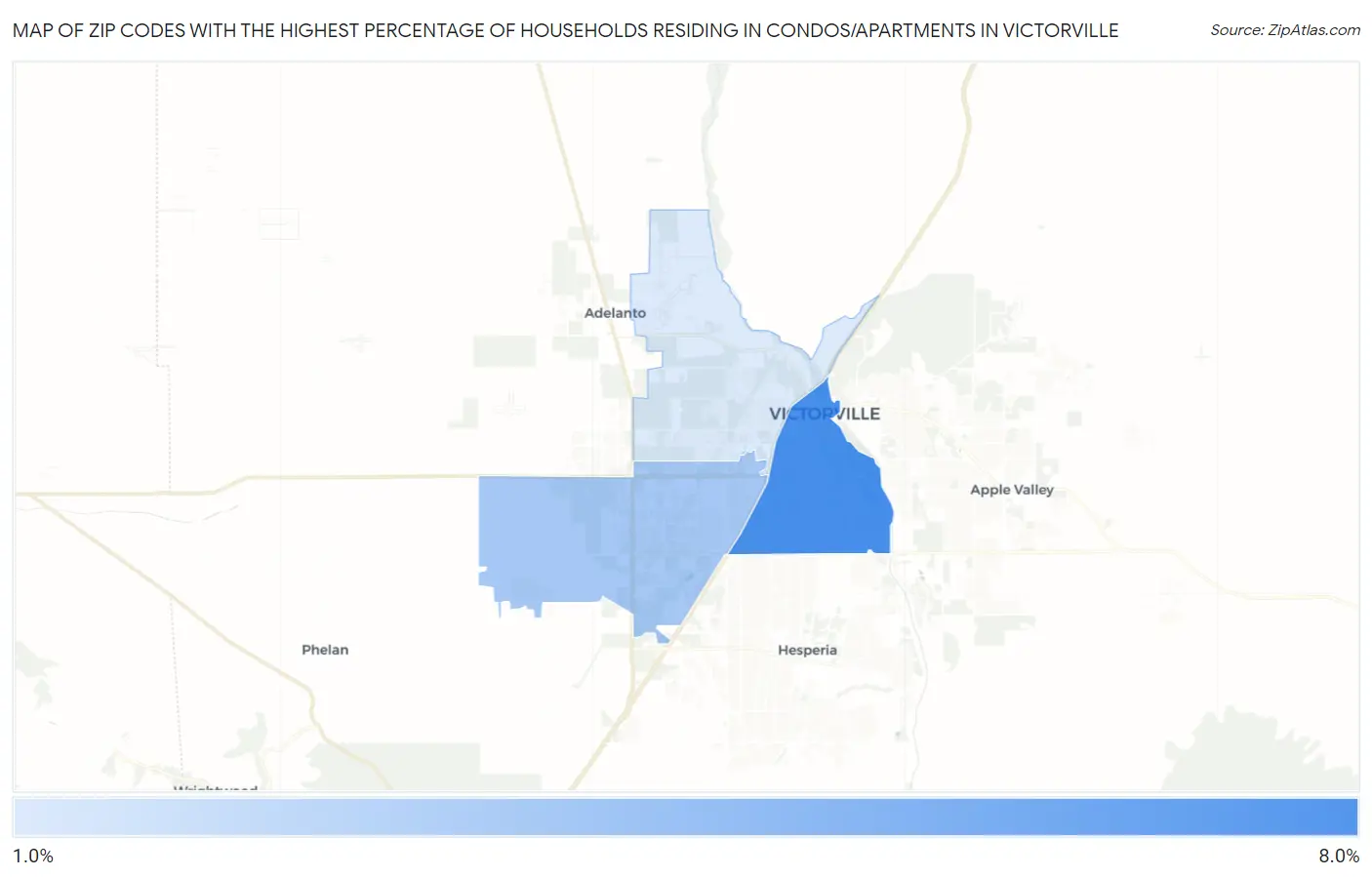 Zip Codes with the Highest Percentage of Households Residing in Condos/Apartments in Victorville Map