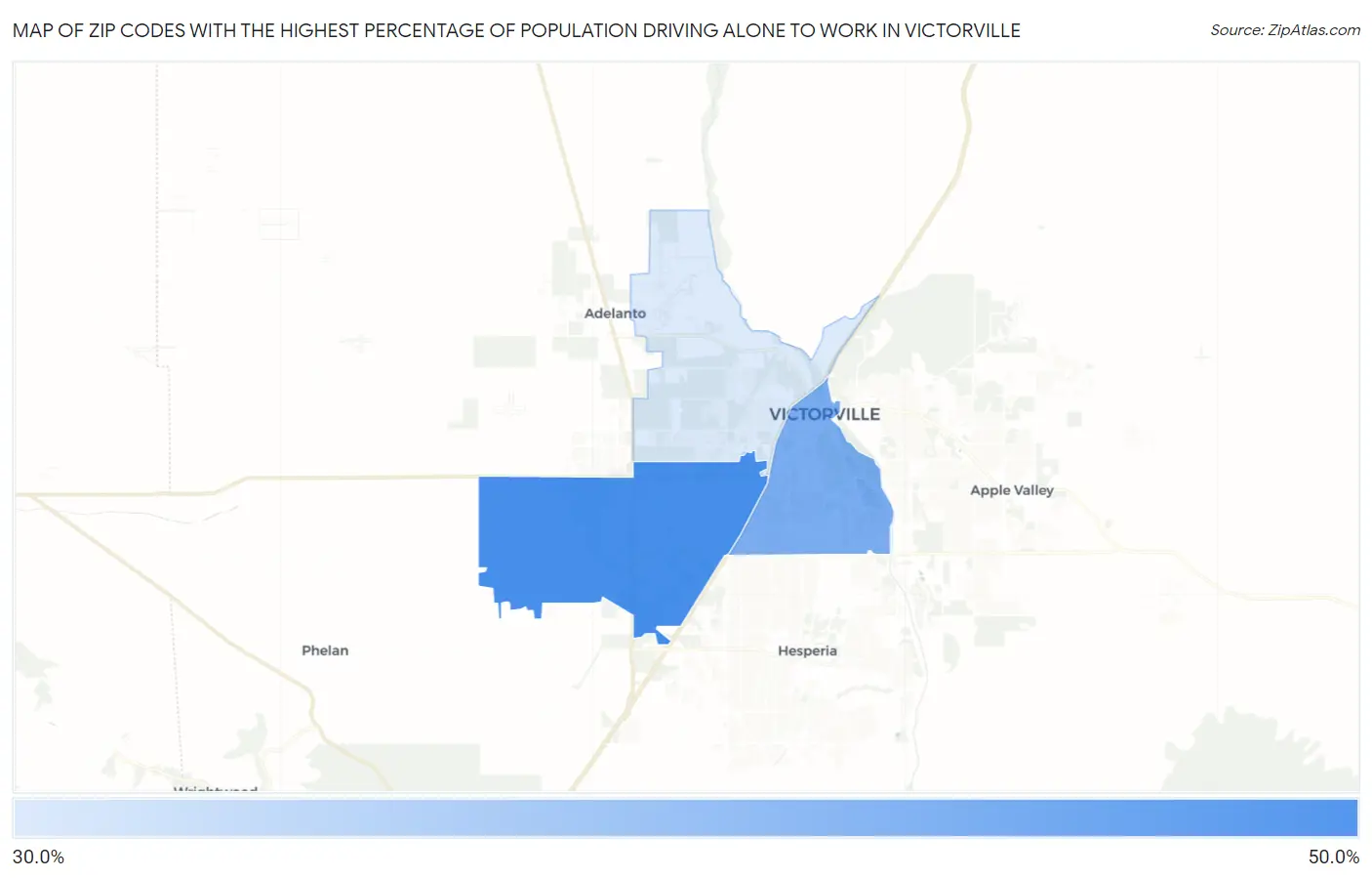 Zip Codes with the Highest Percentage of Population Driving Alone to Work in Victorville Map