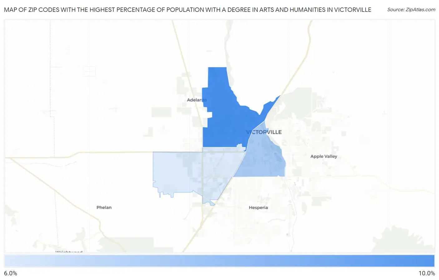 Zip Codes with the Highest Percentage of Population with a Degree in Arts and Humanities in Victorville Map
