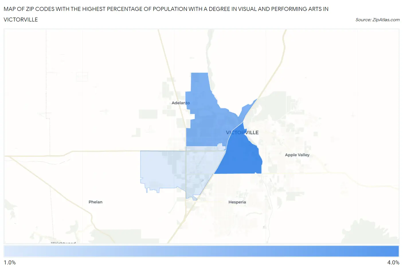 Zip Codes with the Highest Percentage of Population with a Degree in Visual and Performing Arts in Victorville Map