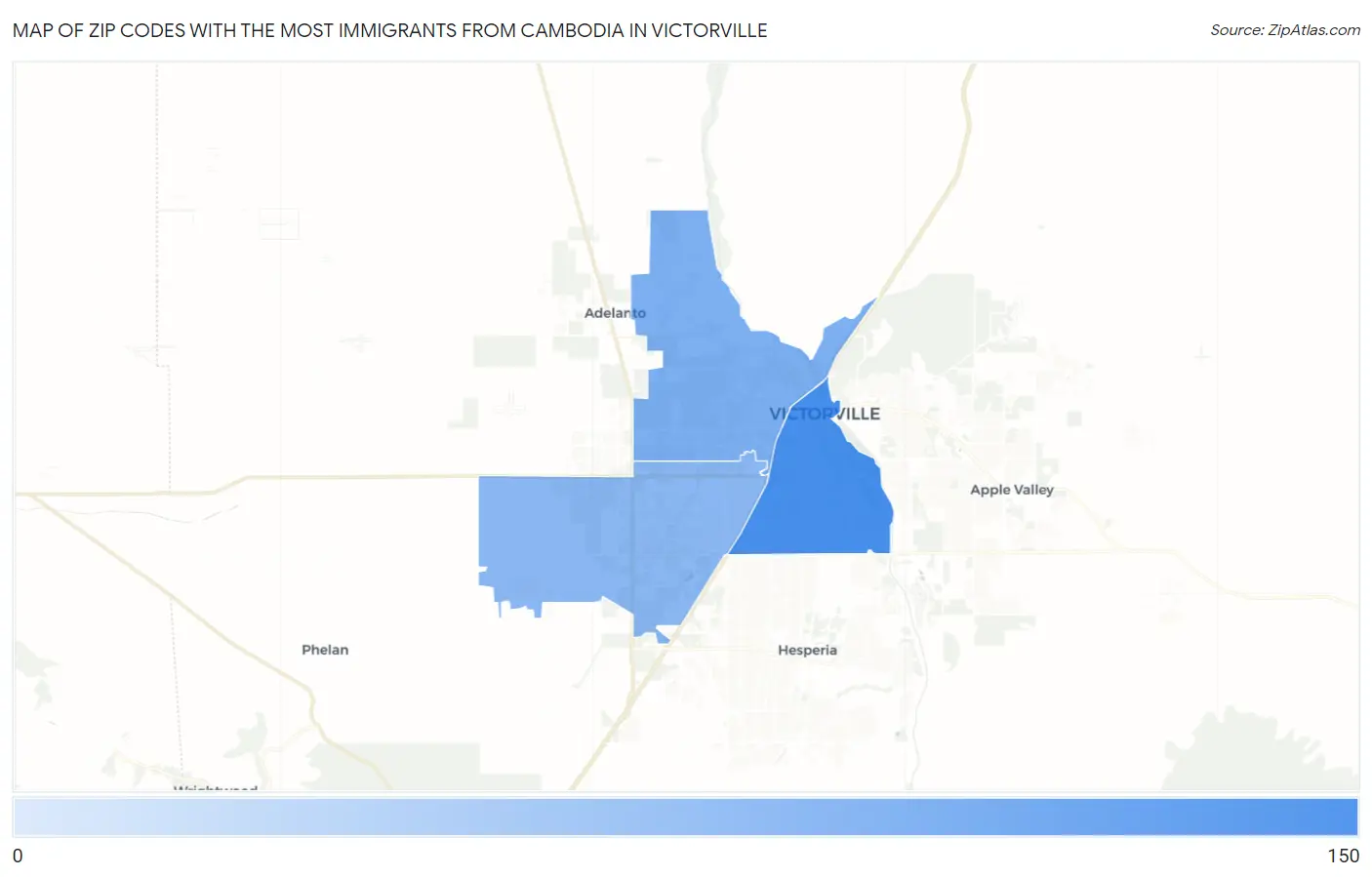 Zip Codes with the Most Immigrants from Cambodia in Victorville Map