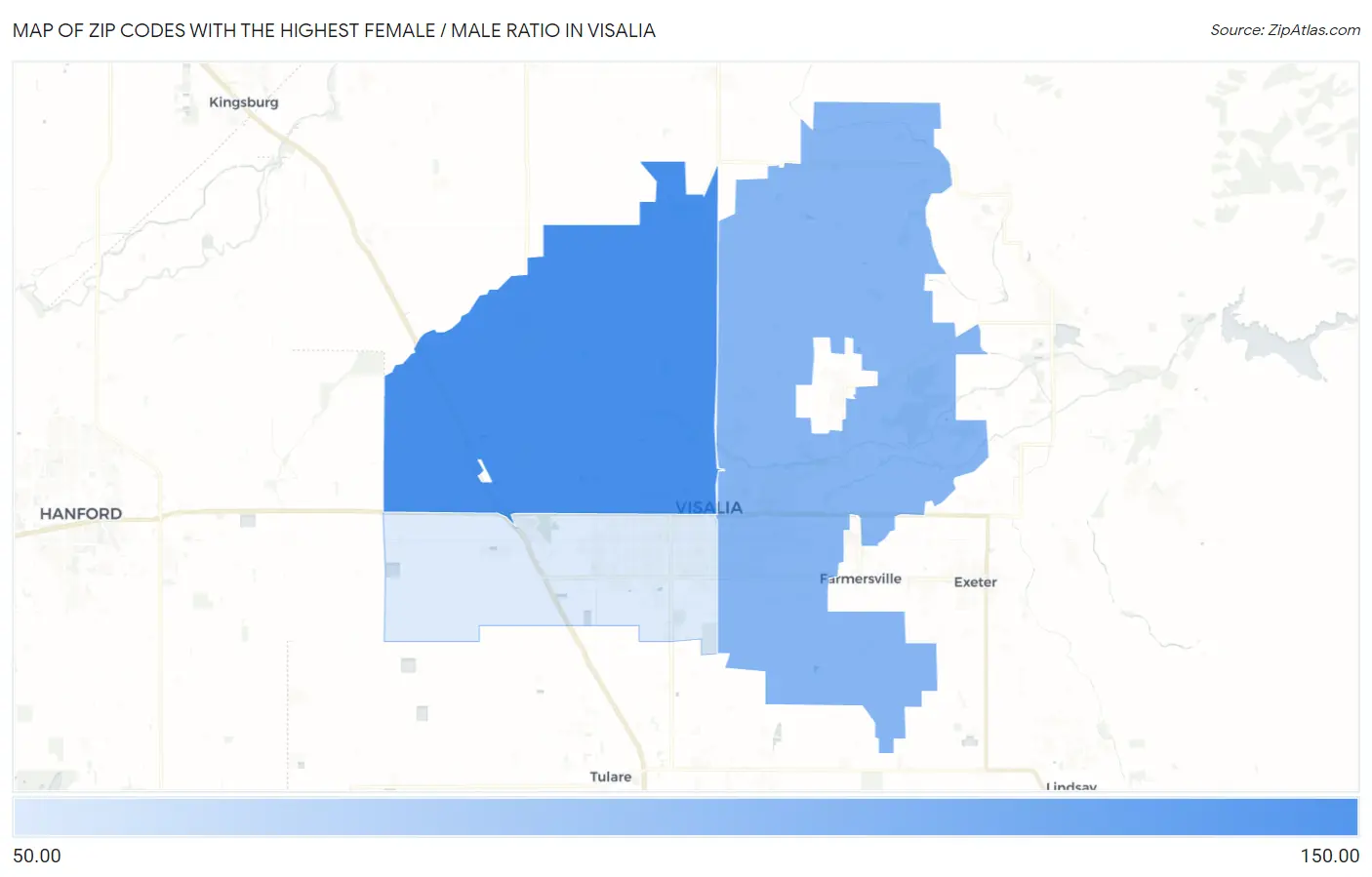 Zip Codes with the Highest Female / Male Ratio in Visalia Map
