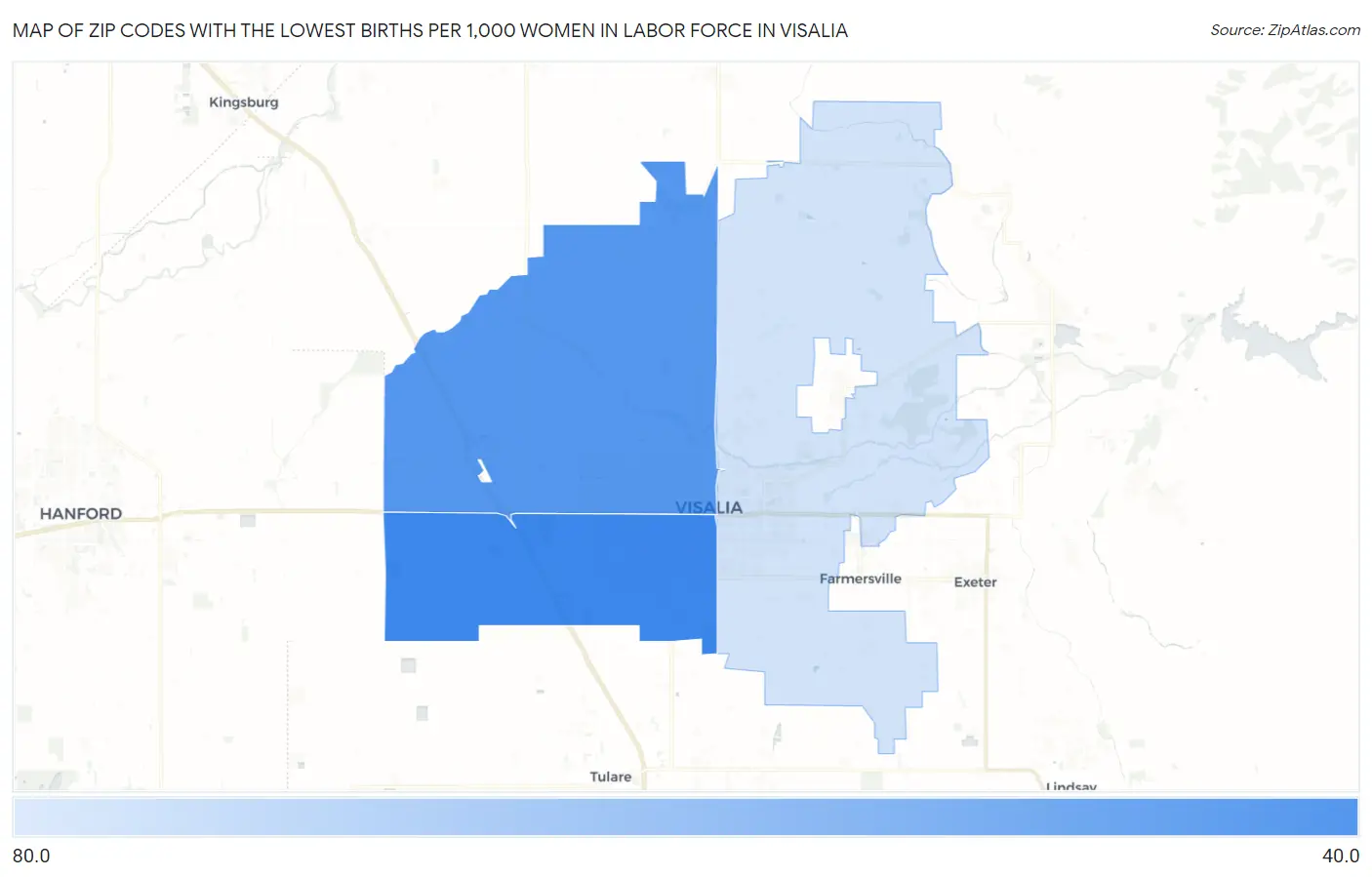 Zip Codes with the Lowest Births per 1,000 Women in Labor Force in Visalia Map