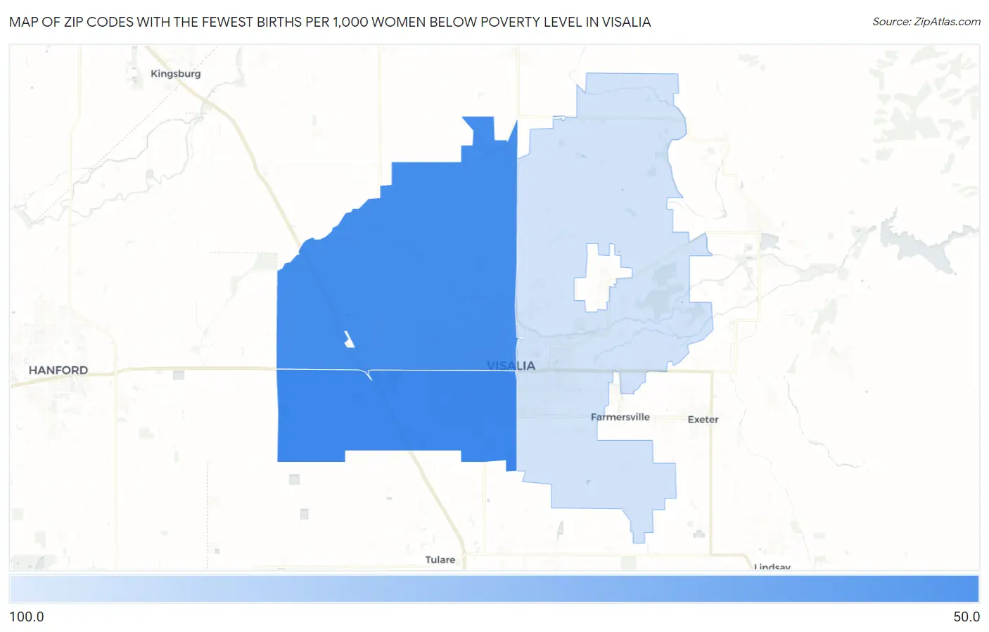 Zip Codes with the Fewest Births per 1,000 Women Below Poverty Level in Visalia Map