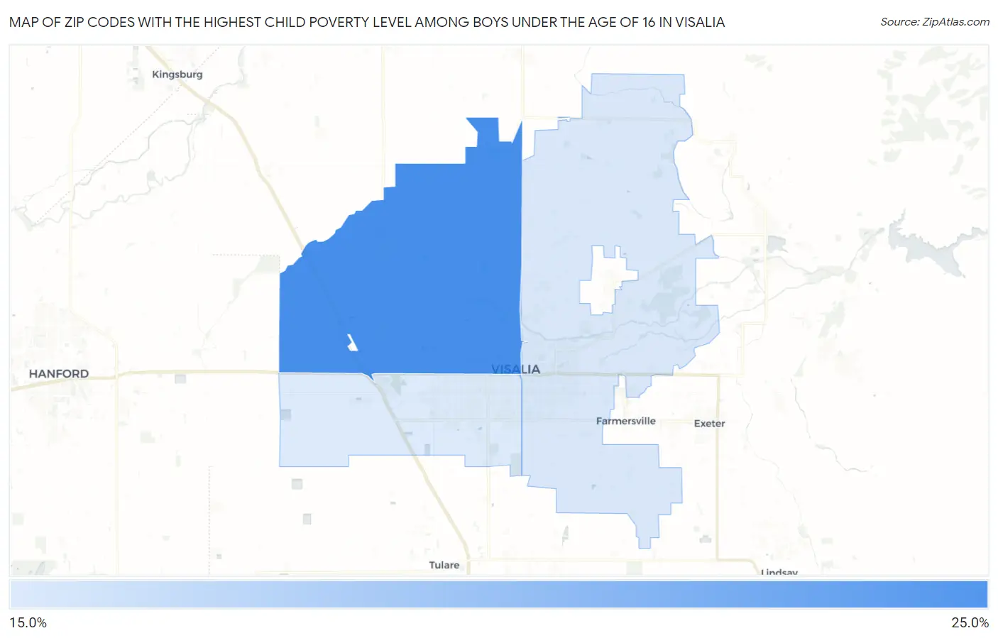 Zip Codes with the Highest Child Poverty Level Among Boys Under the Age of 16 in Visalia Map