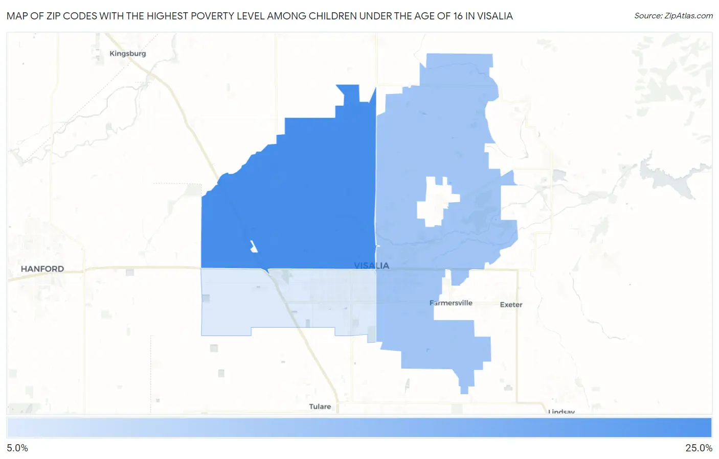 Zip Codes with the Highest Poverty Level Among Children Under the Age of 16 in Visalia Map