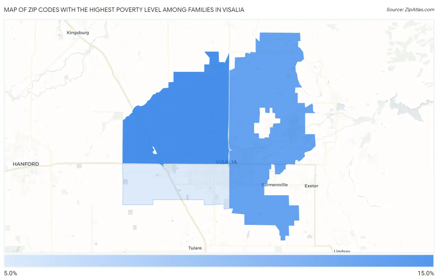 Zip Codes with the Highest Poverty Level Among Families in Visalia Map
