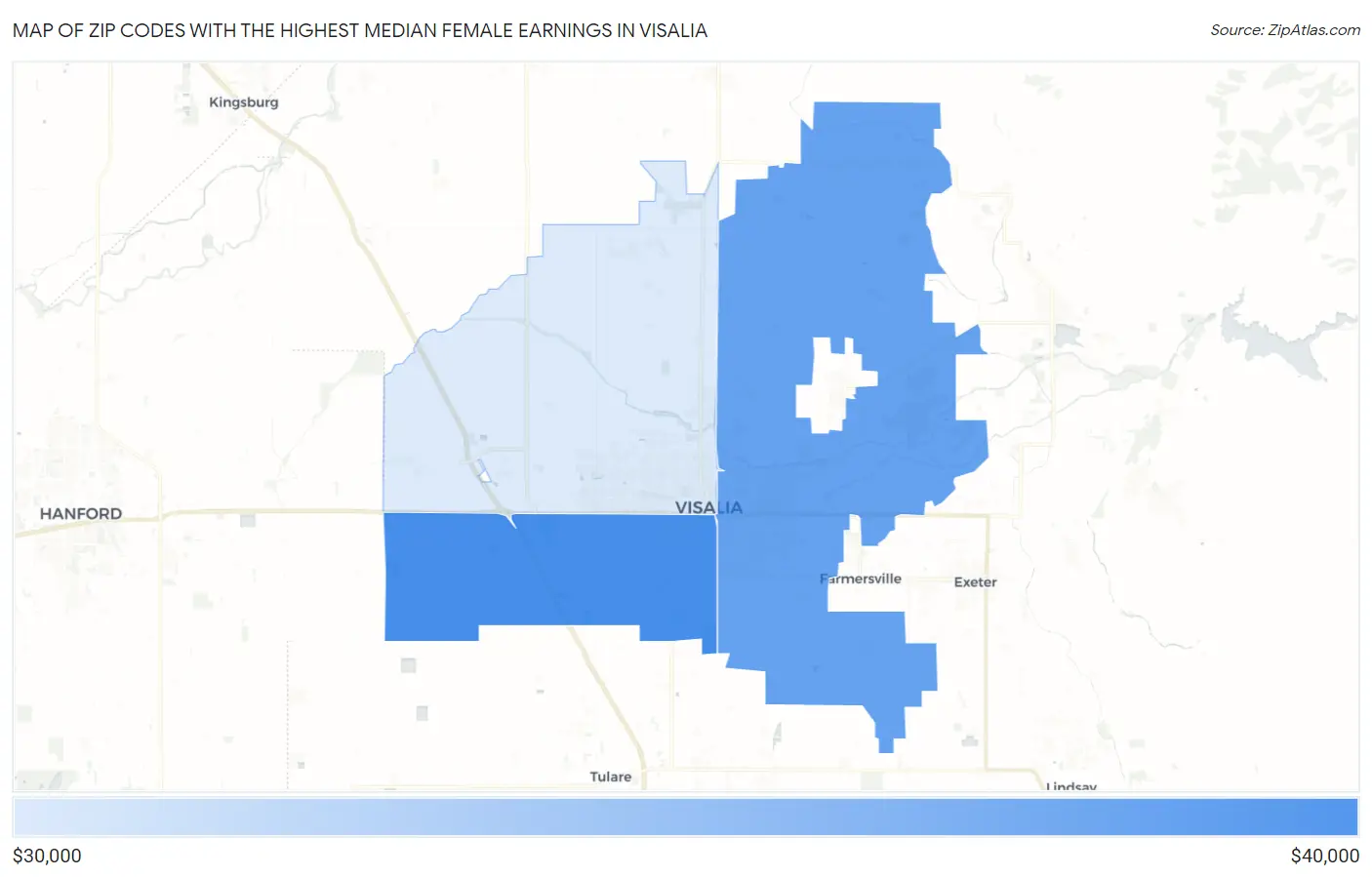 Zip Codes with the Highest Median Female Earnings in Visalia Map