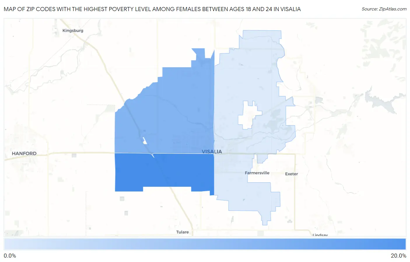 Zip Codes with the Highest Poverty Level Among Females Between Ages 18 and 24 in Visalia Map