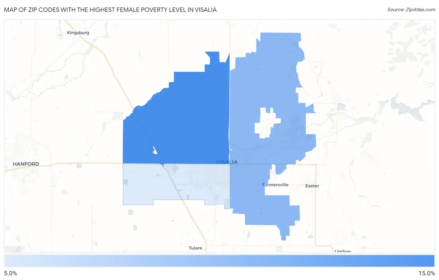 Zip Codes with the Highest Female Poverty Level in Visalia Map