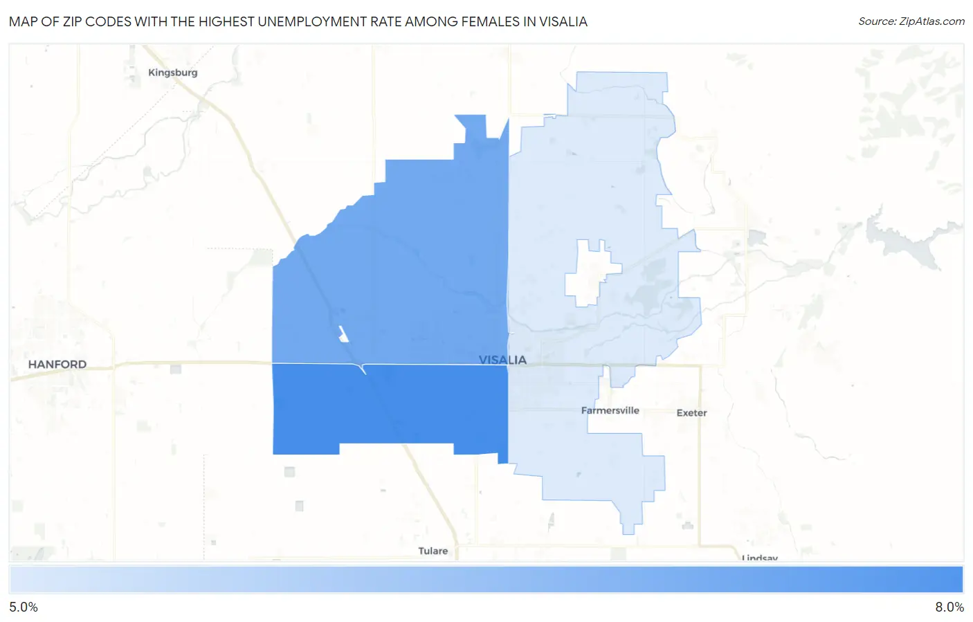 Zip Codes with the Highest Unemployment Rate Among Females in Visalia Map