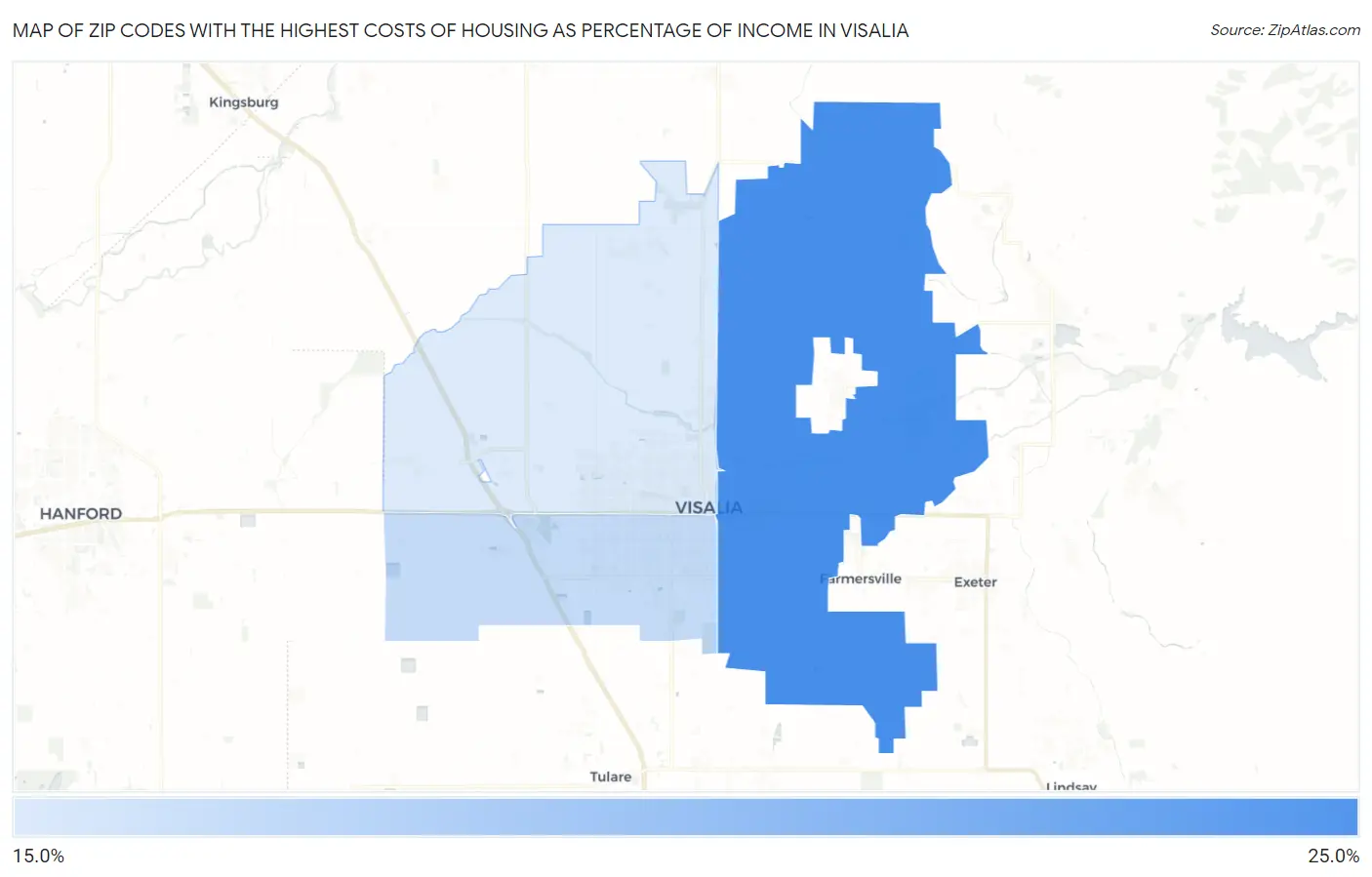 Zip Codes with the Highest Costs of Housing as Percentage of Income in Visalia Map
