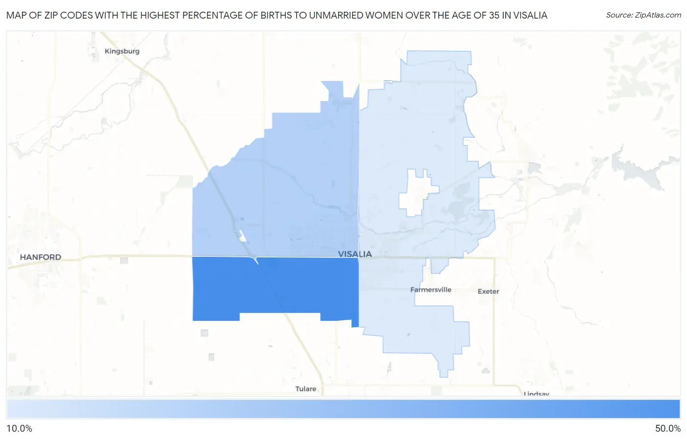 Zip Codes with the Highest Percentage of Births to Unmarried Women over the Age of 35 in Visalia Map