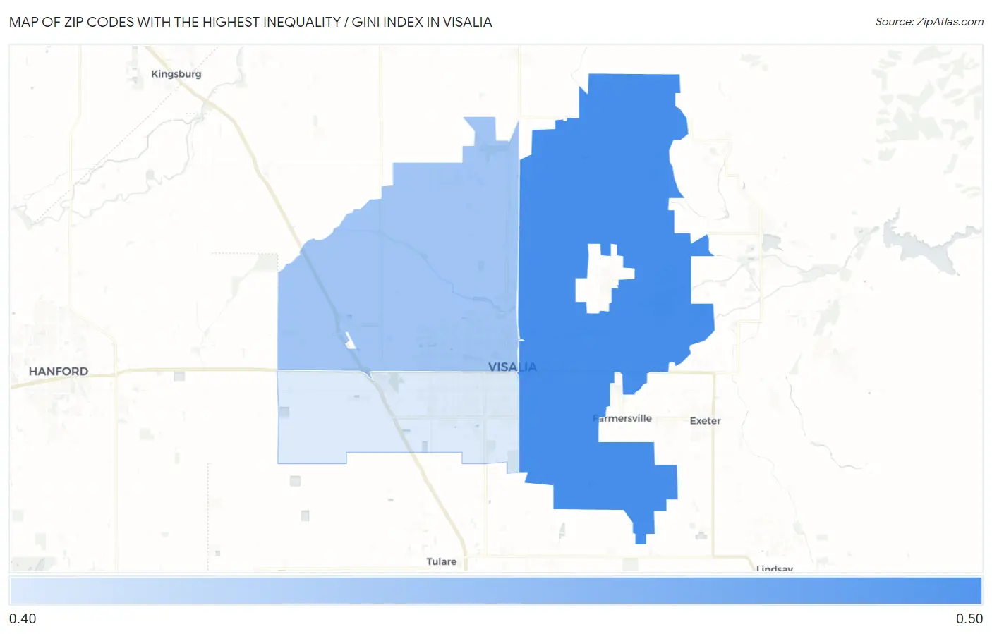 Zip Codes with the Highest Inequality / Gini Index in Visalia Map