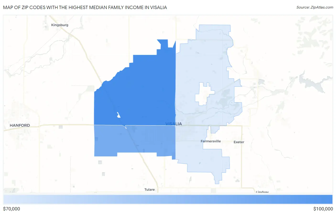 Zip Codes with the Highest Median Family Income in Visalia Map