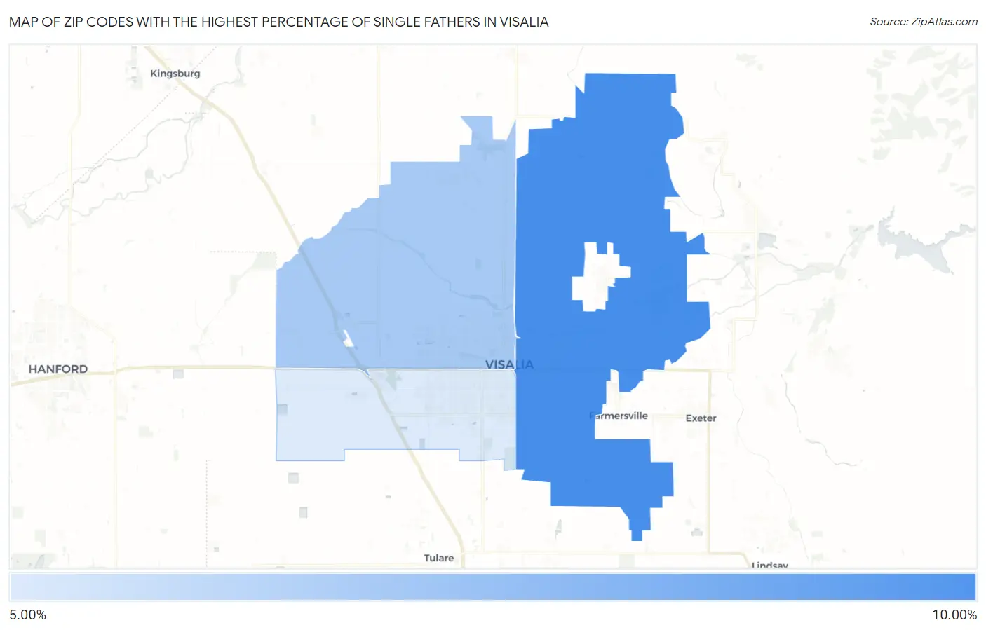 Zip Codes with the Highest Percentage of Single Fathers in Visalia Map