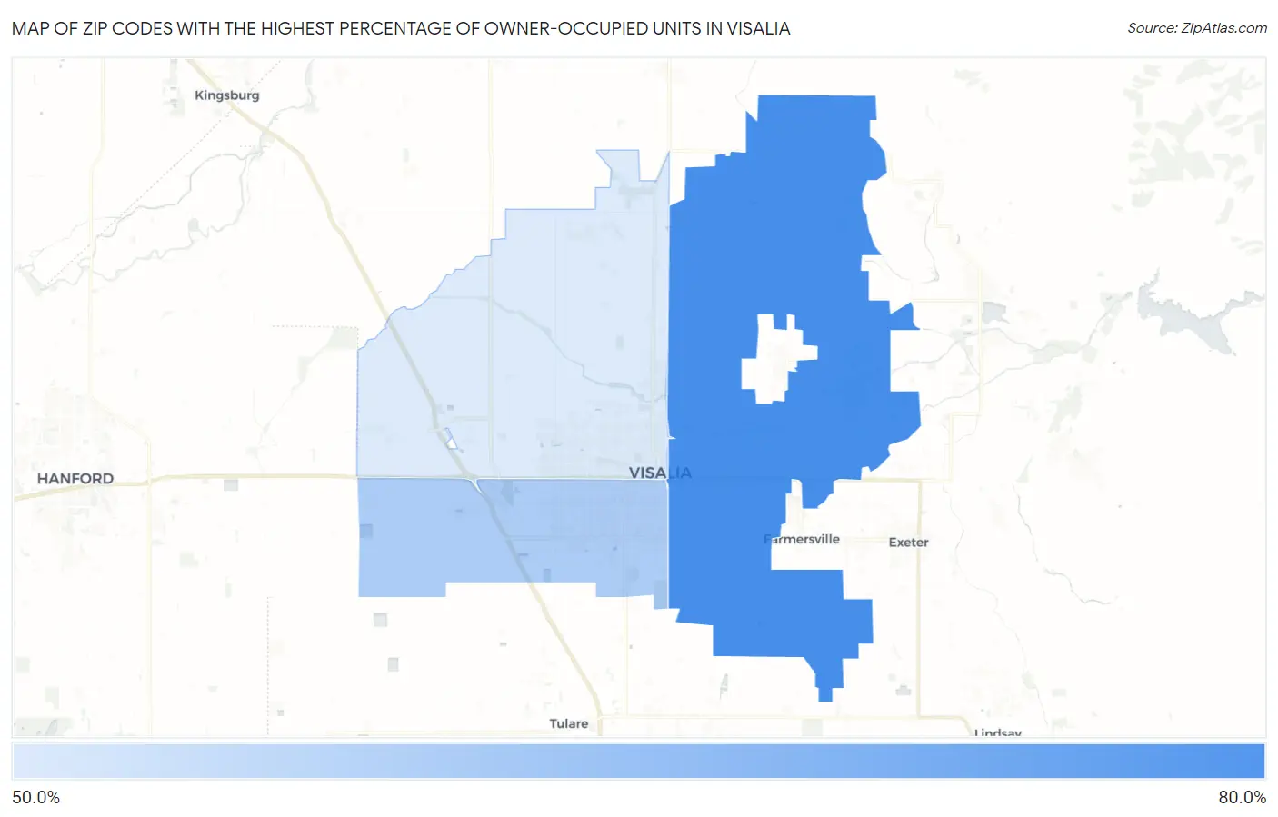 Zip Codes with the Highest Percentage of Owner-Occupied Units in Visalia Map