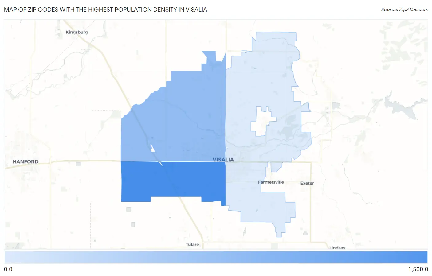 Zip Codes with the Highest Population Density in Visalia Map