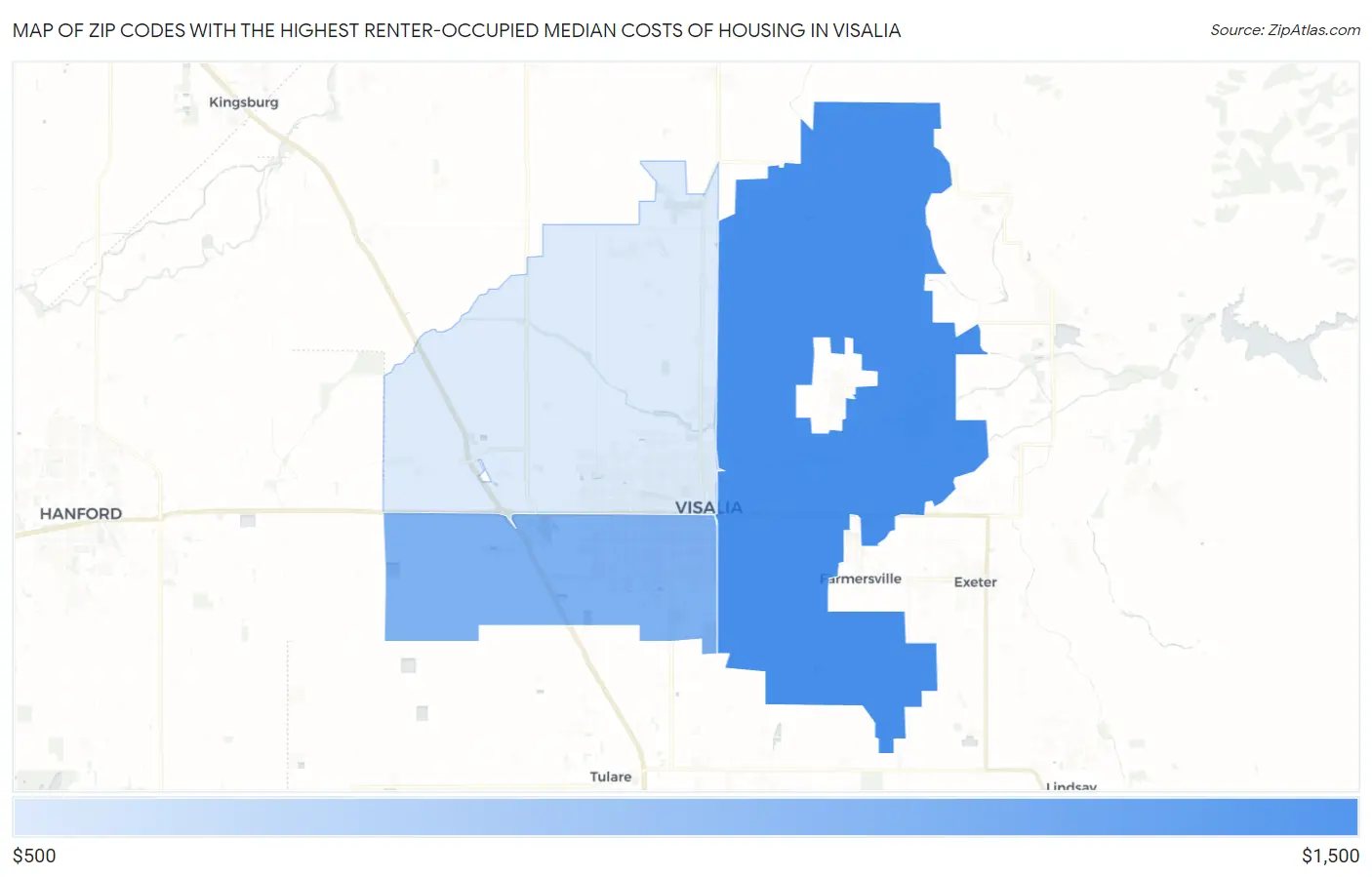Zip Codes with the Highest Renter-Occupied Median Costs of Housing in Visalia Map