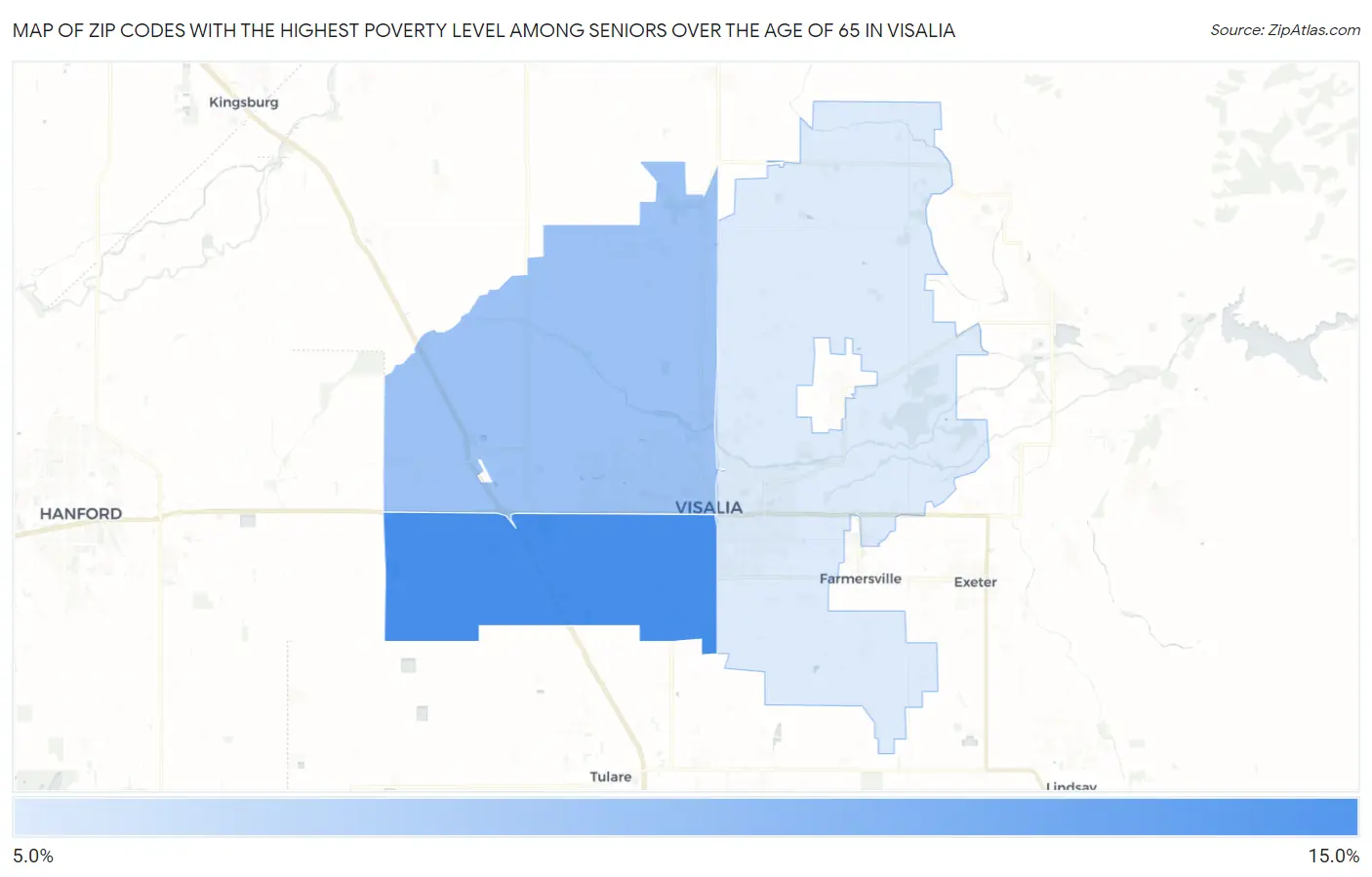 Zip Codes with the Highest Poverty Level Among Seniors Over the Age of 65 in Visalia Map