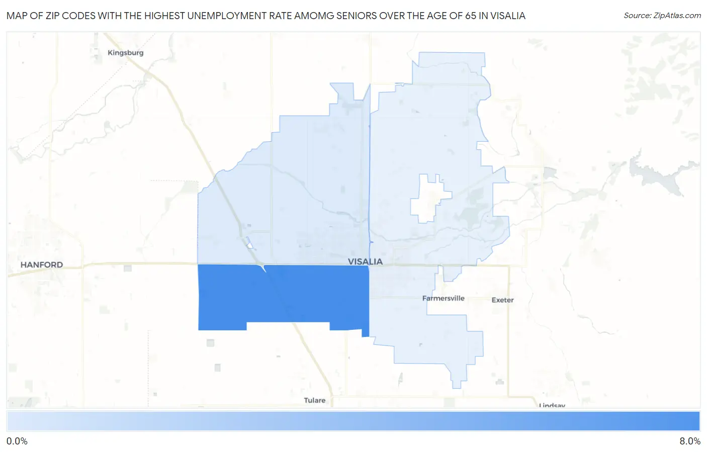 Zip Codes with the Highest Unemployment Rate Amomg Seniors Over the Age of 65 in Visalia Map