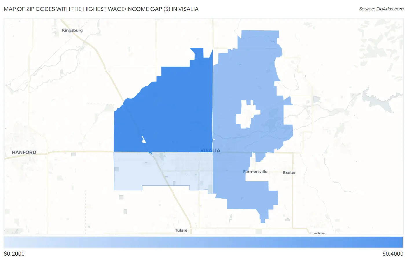 Zip Codes with the Highest Wage/Income Gap ($) in Visalia Map