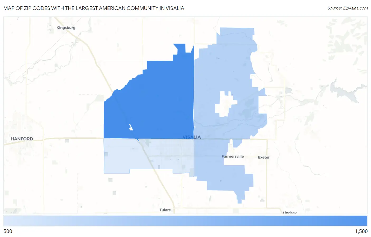 Zip Codes with the Largest American Community in Visalia Map