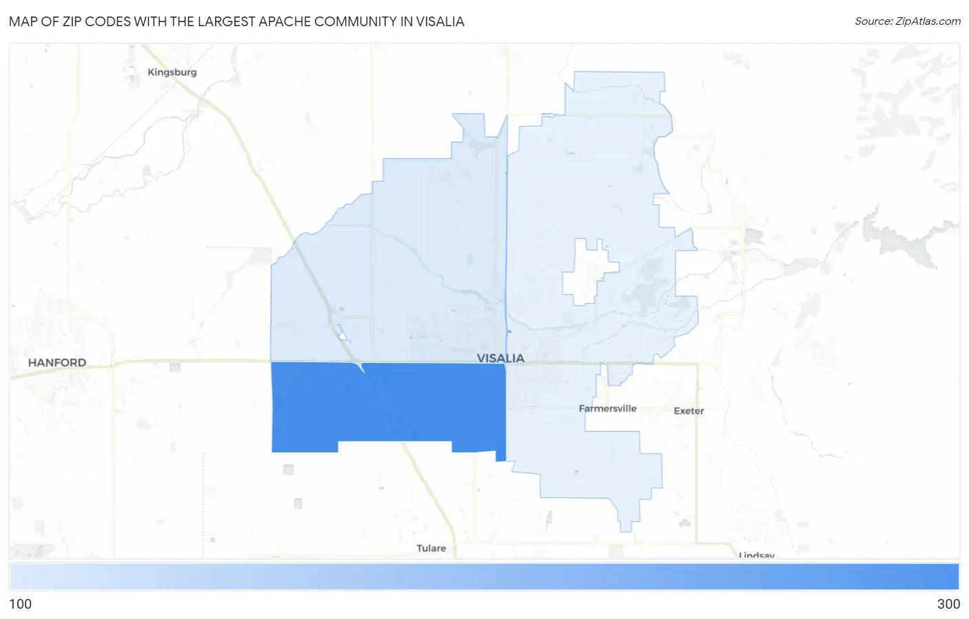 Zip Codes with the Largest Apache Community in Visalia Map