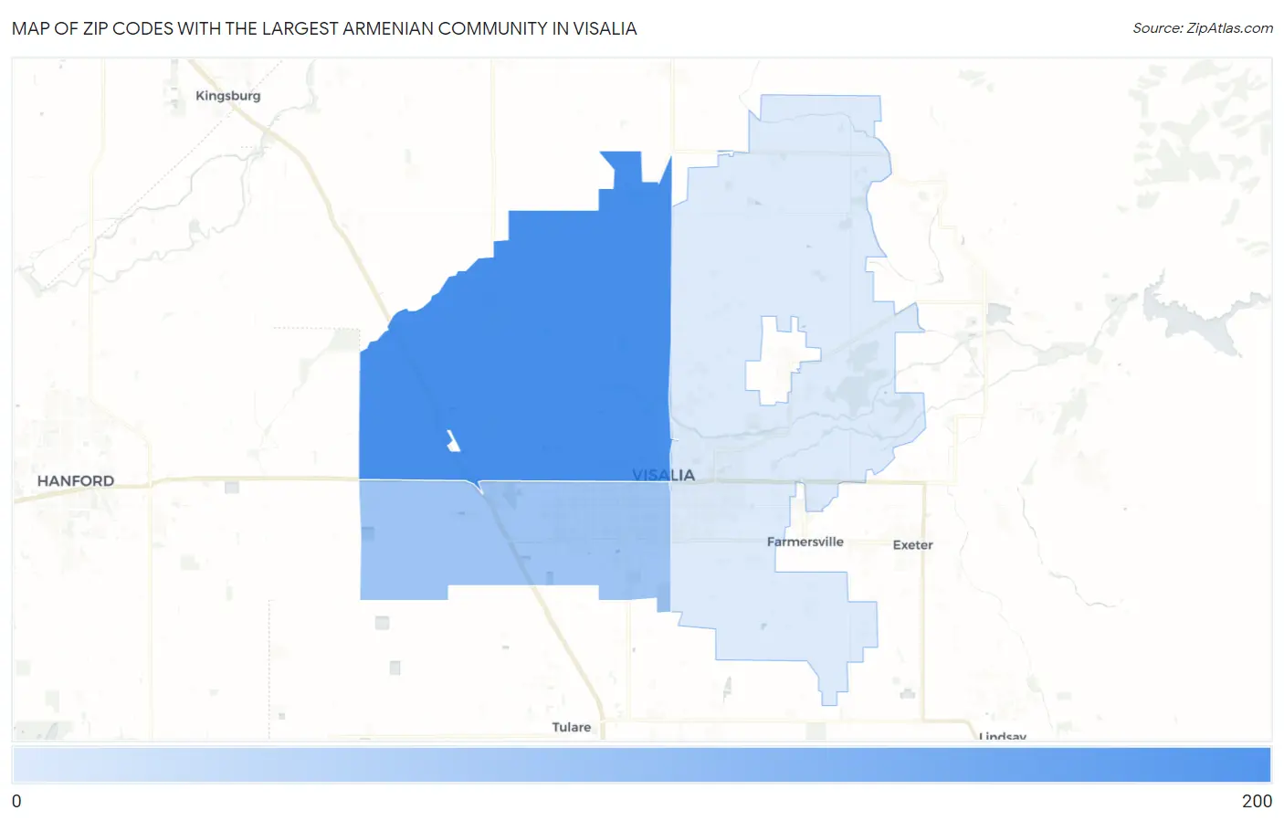 Zip Codes with the Largest Armenian Community in Visalia Map