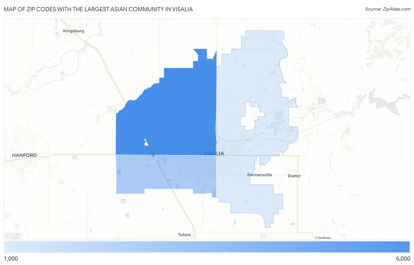 Zip Codes with the Largest Asian Community in Visalia Map