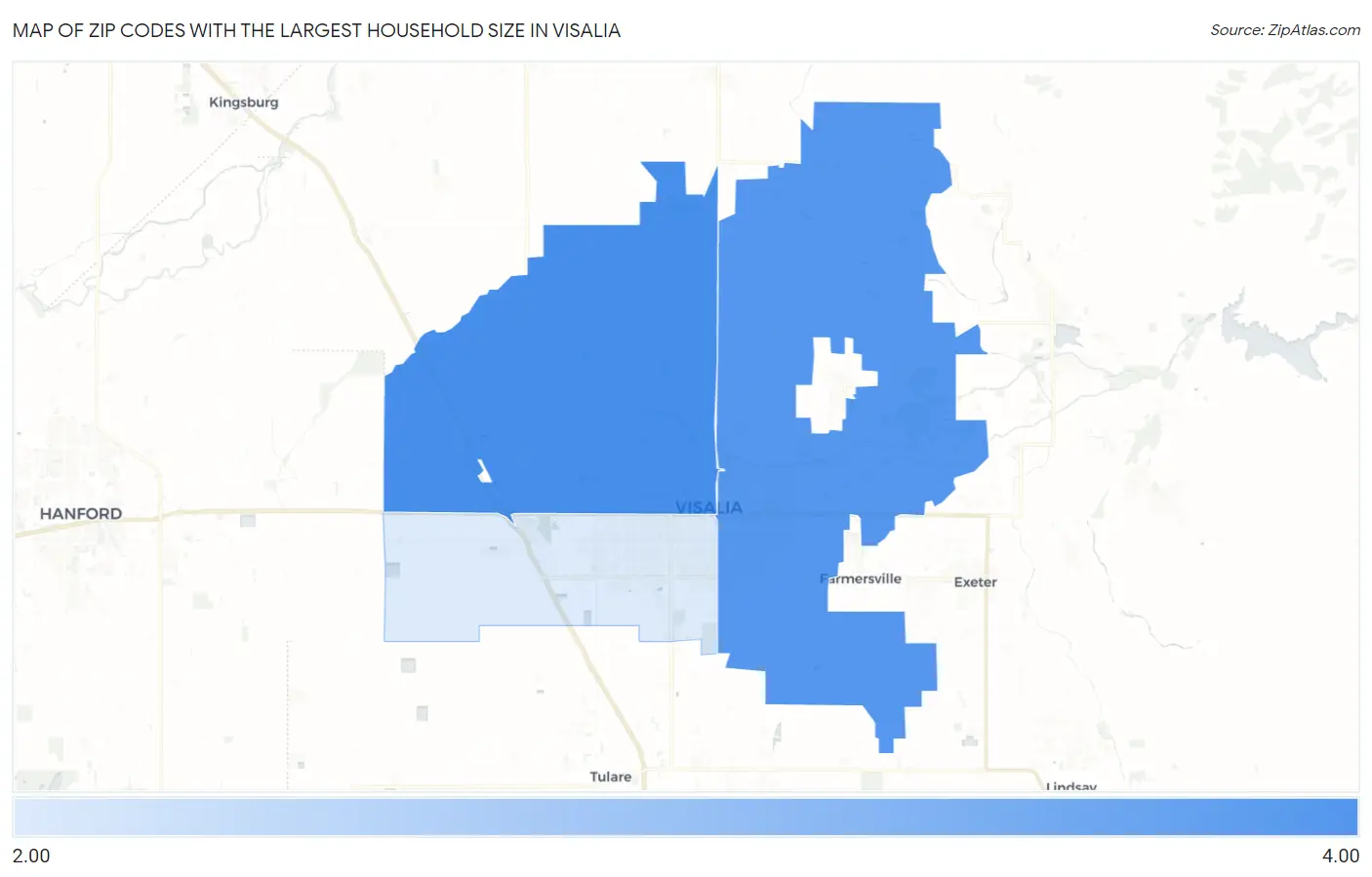 Zip Codes with the Largest Household Size in Visalia Map